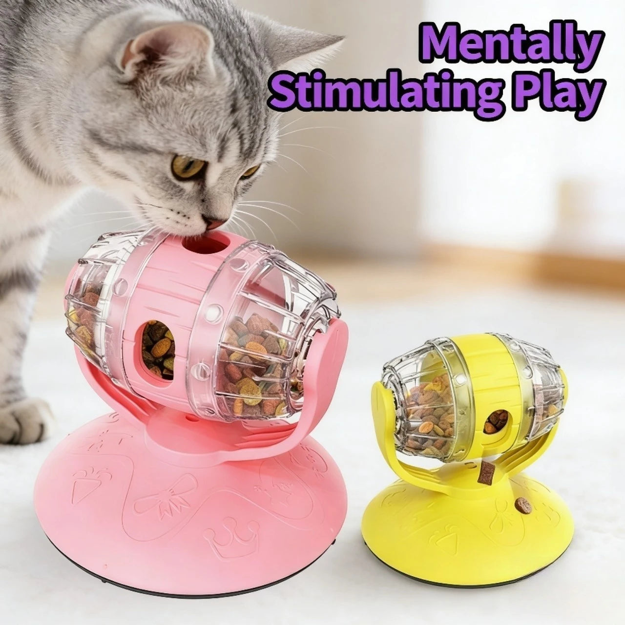 Interactive Rotating Treat Dispenser Cat Toy for Cats, Suction Base Pink/Yellow