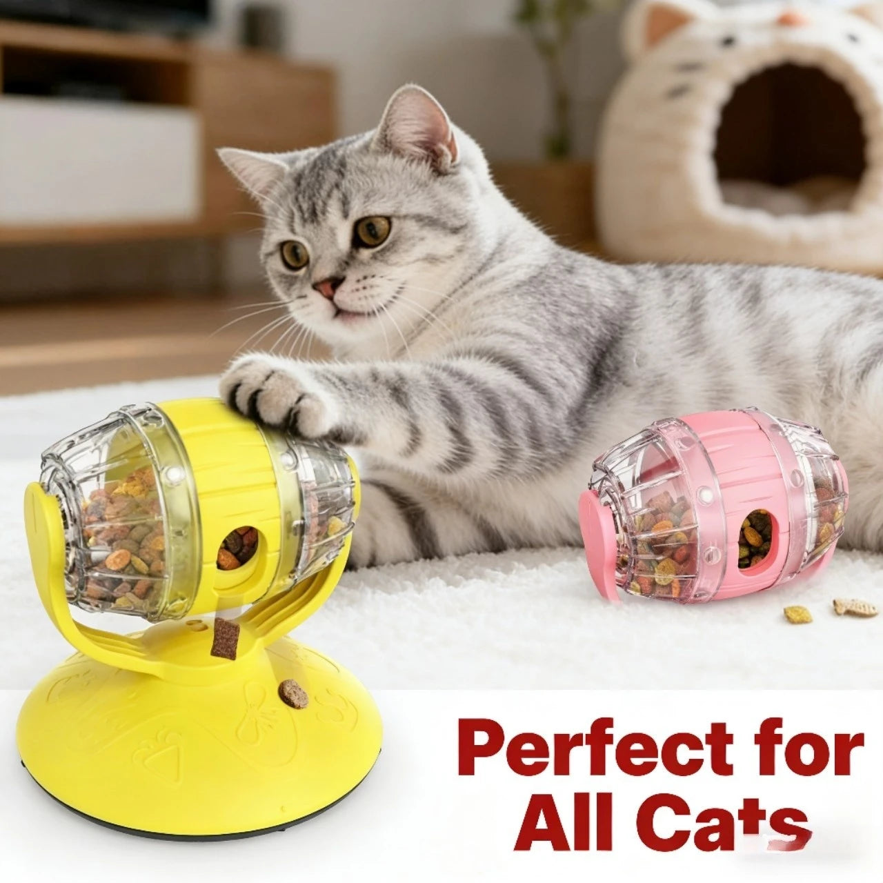 Interactive Rotating Treat Dispenser Cat Toy for Cats, Suction Base Pink/Yellow