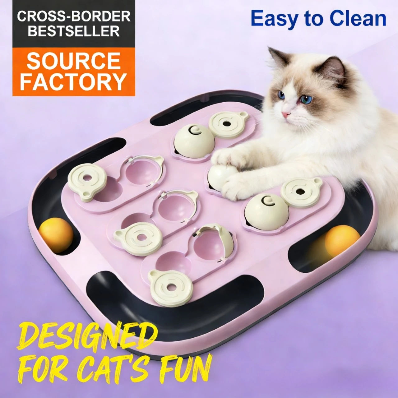 Interactive Puzzle Cat Toy Board, Treat Dispenser & Ball Track for Cats, Pink