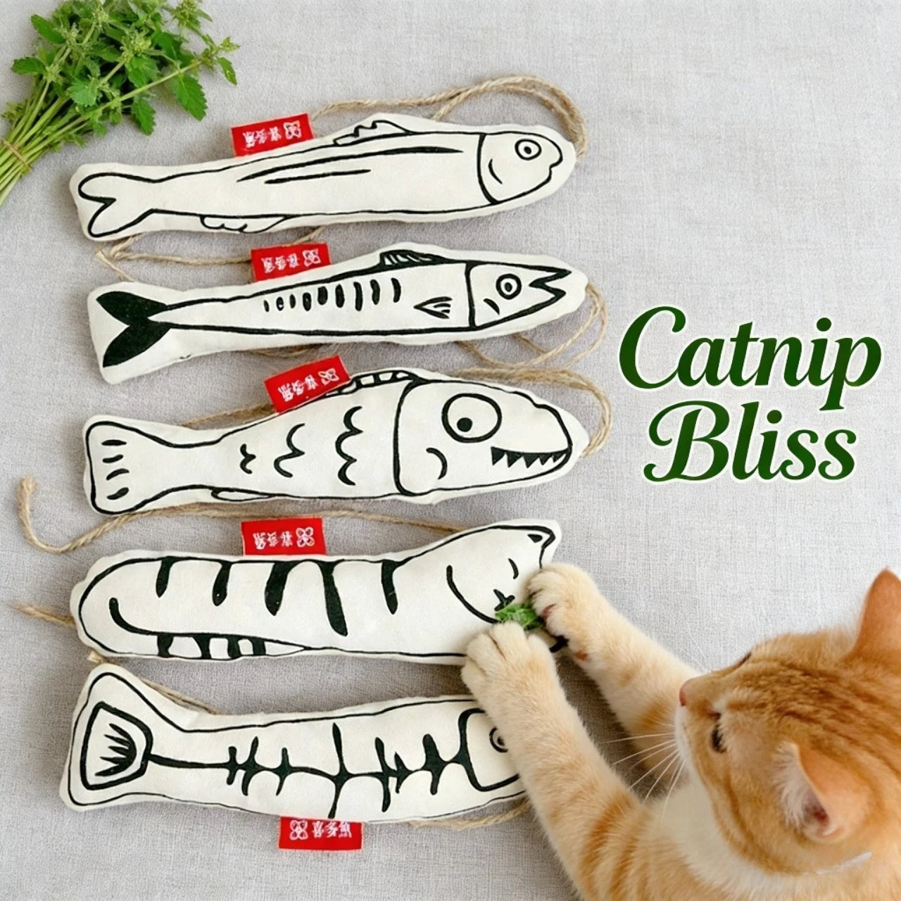 Catnip Infused Plush Fish Cat Toys, Minimalist Line Art for Cats, Black & White