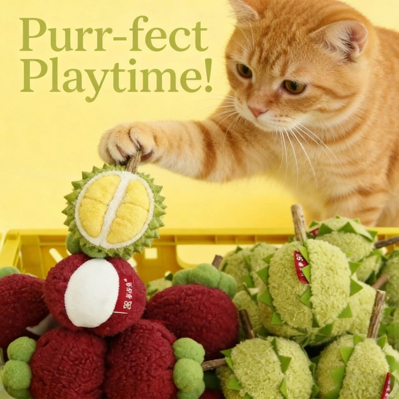 Catnip Infused Plush Fruit Cat Toys, Durian/Mangosteen Shapes for Cats, Green/Red