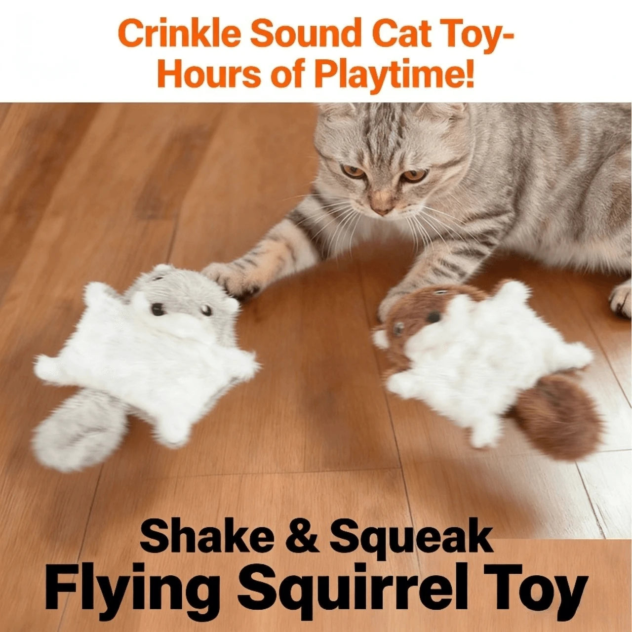 Interactive Crinkle Plush Flying Squirrel Cat Toys for Cats, Gray & Brown