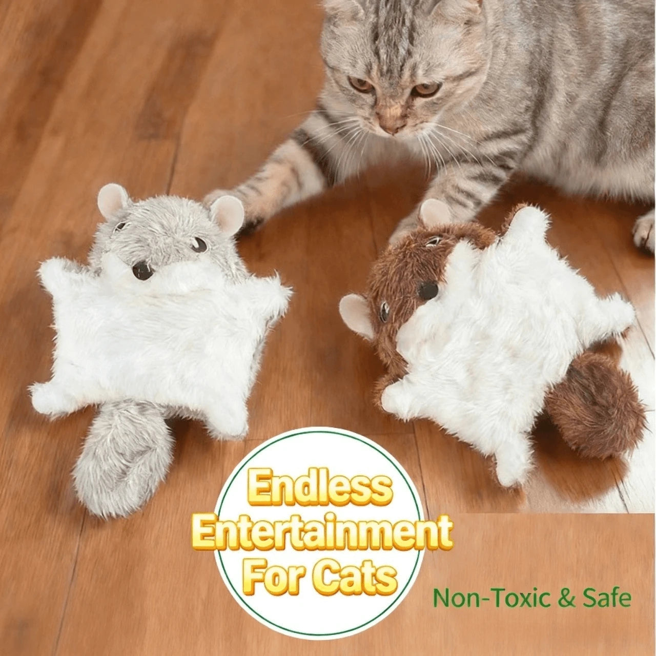 Interactive Crinkle Plush Flying Squirrel Cat Toys for Cats, Gray & Brown