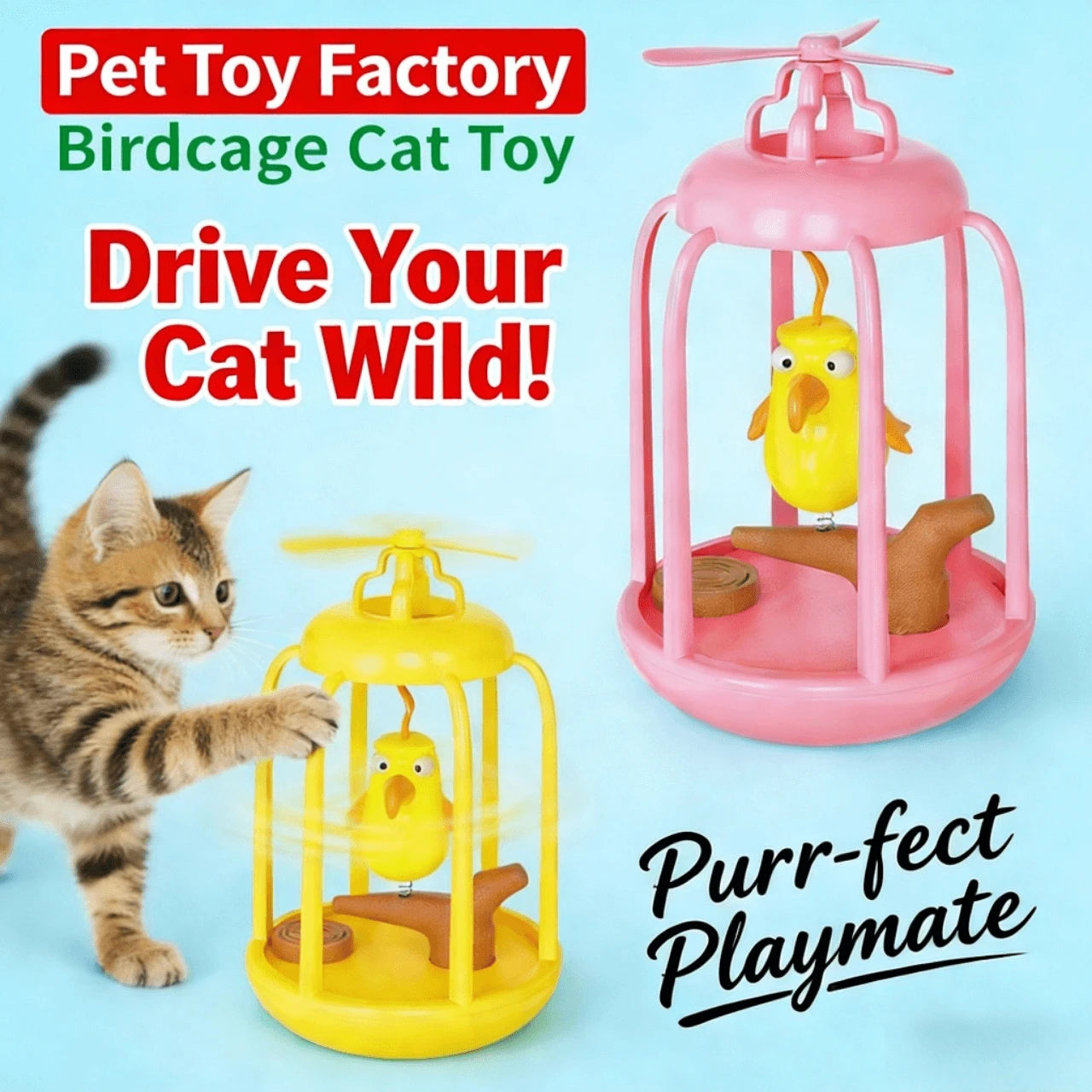 Interactive Chirping Bird Cage Cat Toy for Cats, Pink & Turquoise