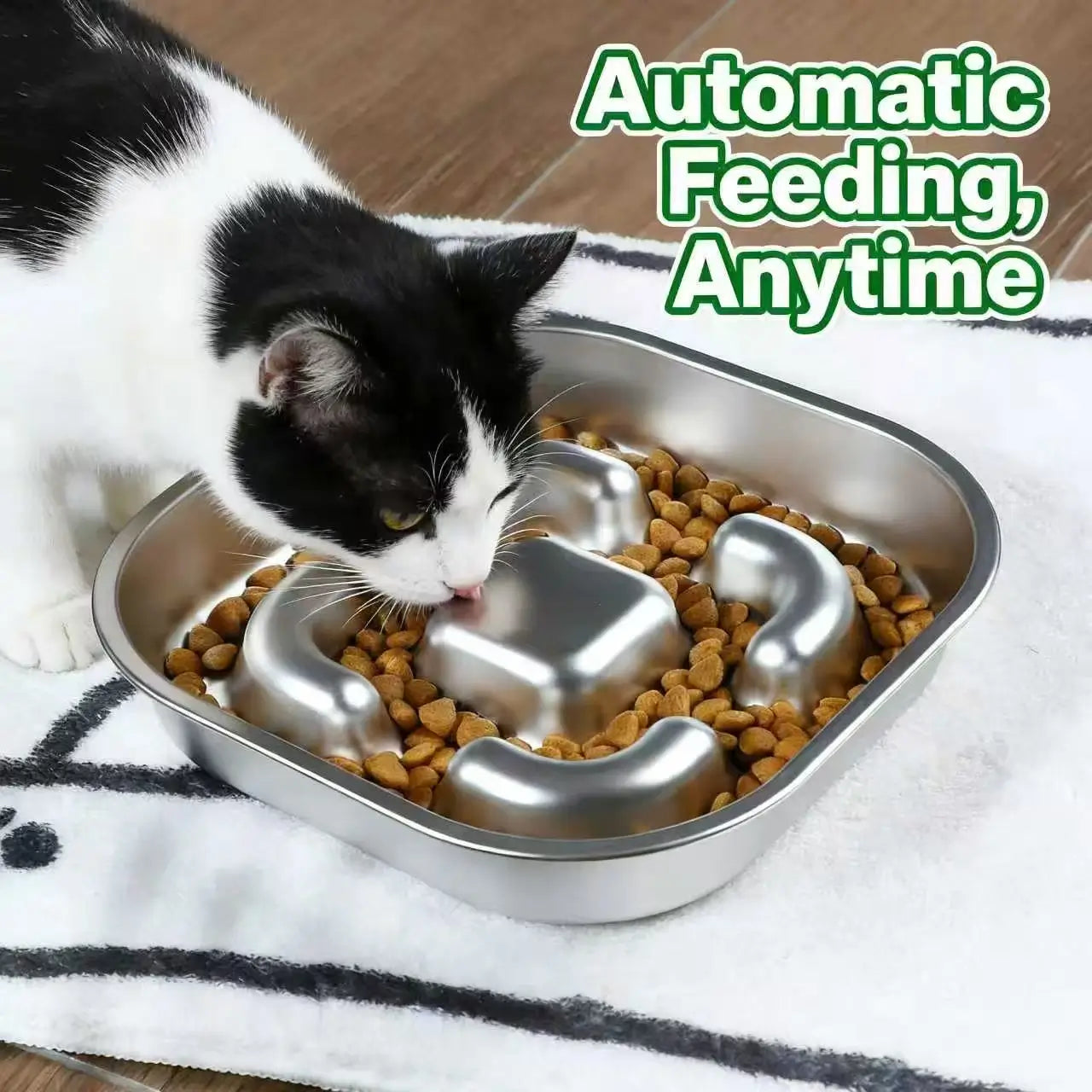 Slow Feeding Stainless Steel Cat Bowl - Anti-Gulping, Easy to Clean, Silver