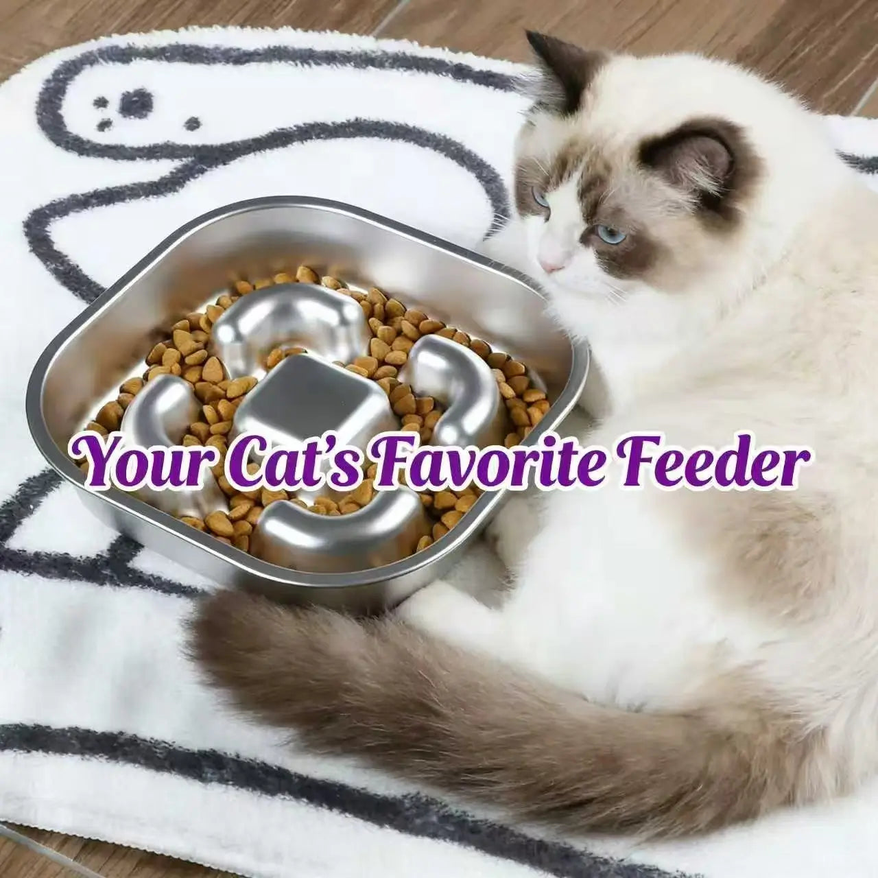Slow Feeding Stainless Steel Cat Bowl - Anti-Gulping, Easy to Clean, Silver