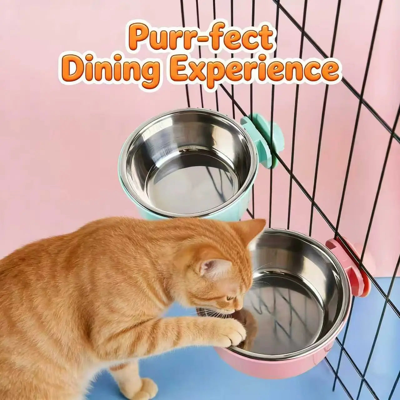 Cage-Mounted Stainless Steel Cat Bowl - Removable, Safe & Stylish, Pink/Mint