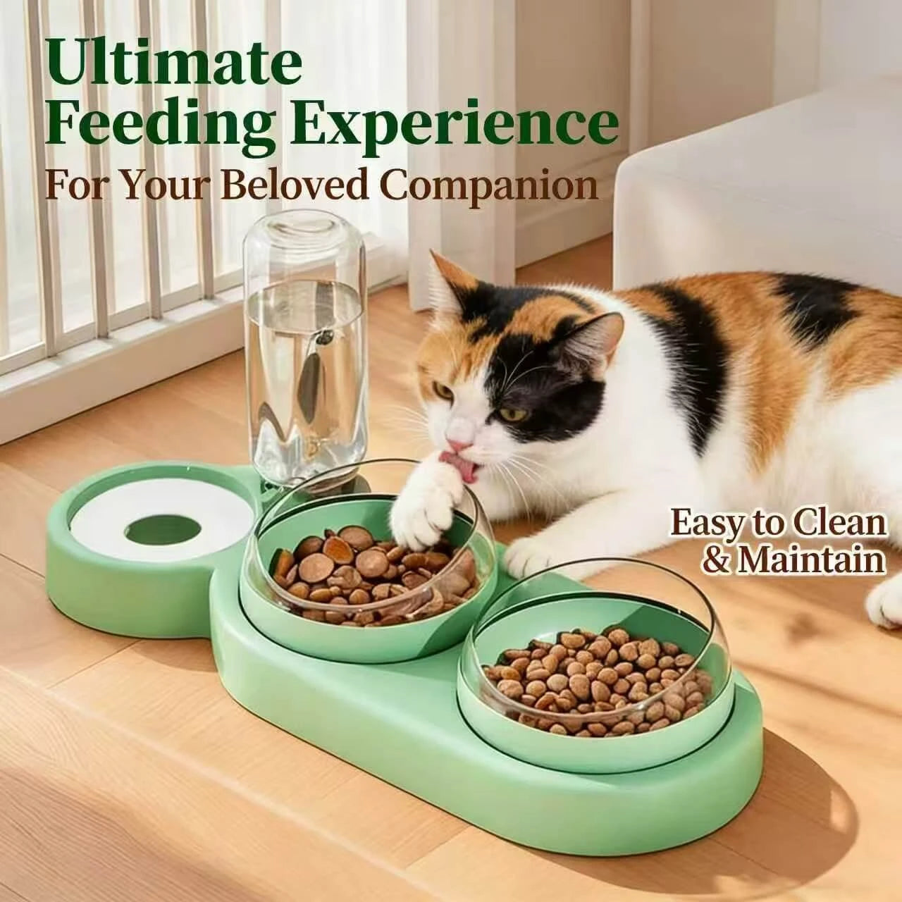 BPA-Free Elevated 2-in-1 Cat Feeding Station – Multi-Bowl, Light Green