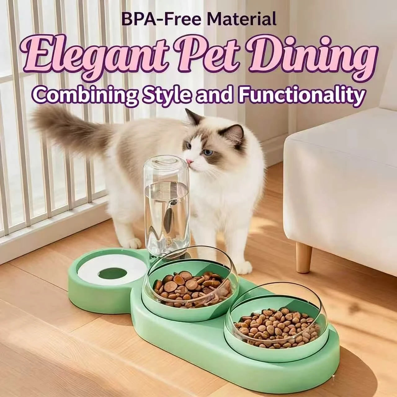 BPA-Free Elevated 2-in-1 Cat Feeding Station – Multi-Bowl, Light Green