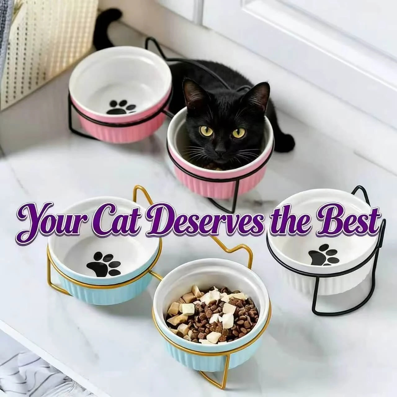 Neck-Protecting Elevated Ceramic Cat Bowl – Elegant Design, Multi-color