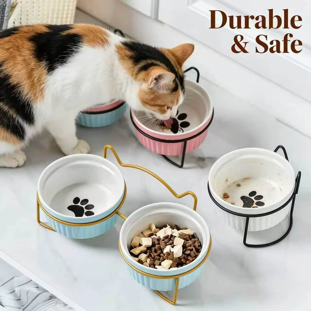 Neck-Protecting Elevated Ceramic Cat Bowl – Elegant Design, Multi-color