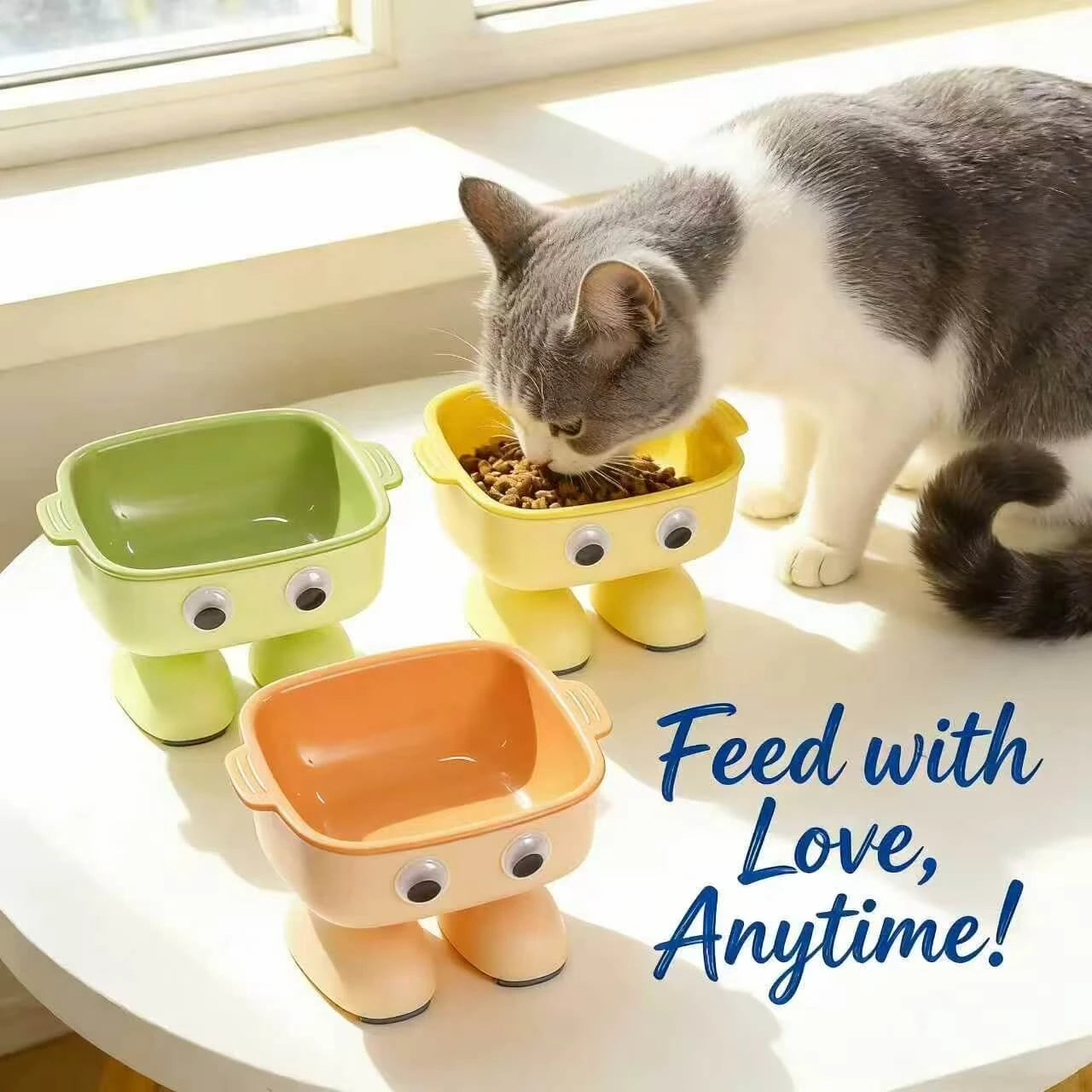 Neck-Protecting Elevated Cat Bowl – Cute Cartoon Design, Food-Safe, Multi-color