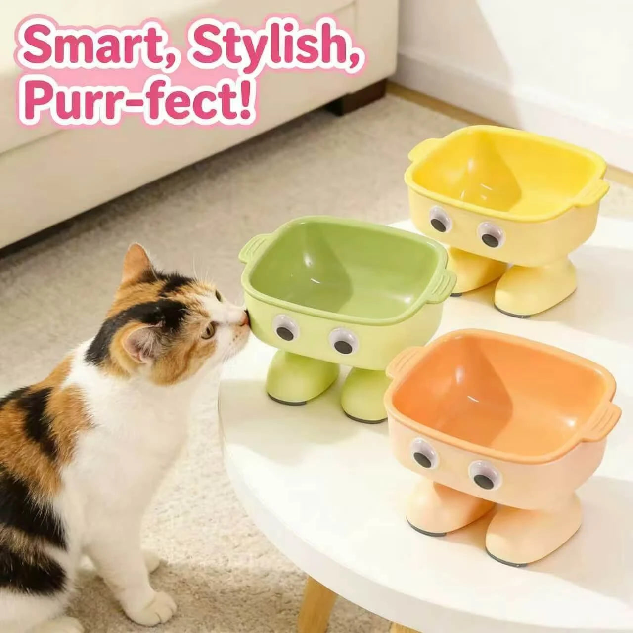 Neck-Protecting Elevated Cat Bowl – Cute Cartoon Design, Food-Safe, Multi-color
