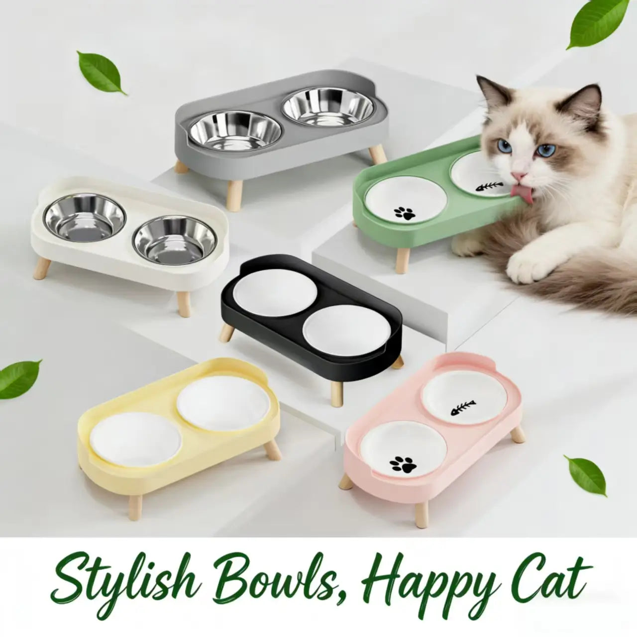 Elevated Dual Cat Bowl Set - Stainless Steel/Ceramic, Wooden Legs, Multi-Color