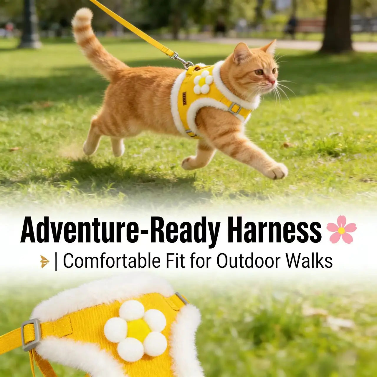Escape-Proof Cat Harness & Leash - Soft Furry Trim, Floral Design, Yellow