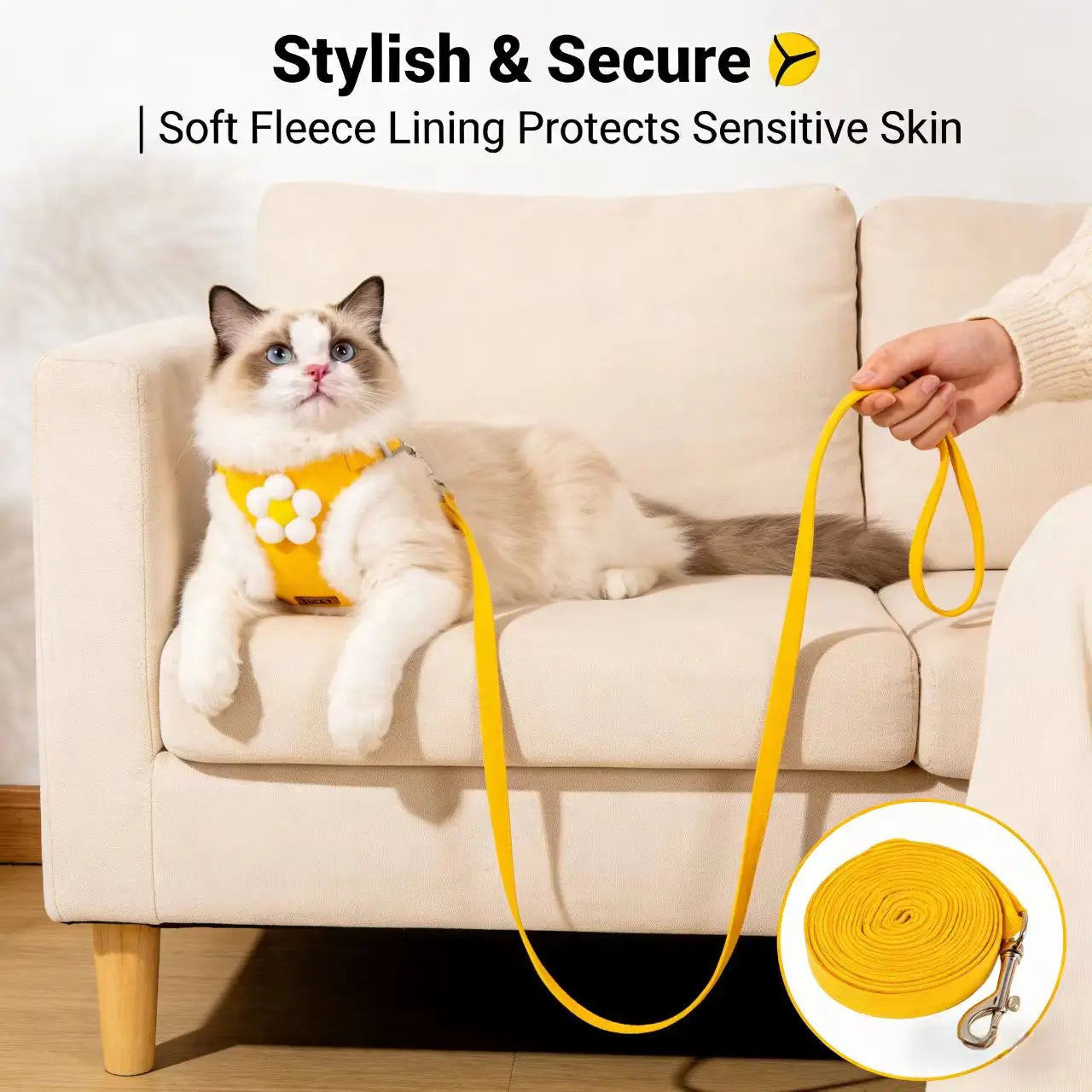 Escape-Proof Cat Harness & Leash - Soft Furry Trim, Floral Design, Yellow