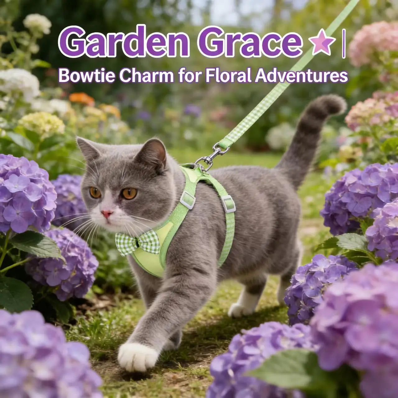 Rice Field Ramble Cat Harness - Gingham Bow, Secure, Light Green