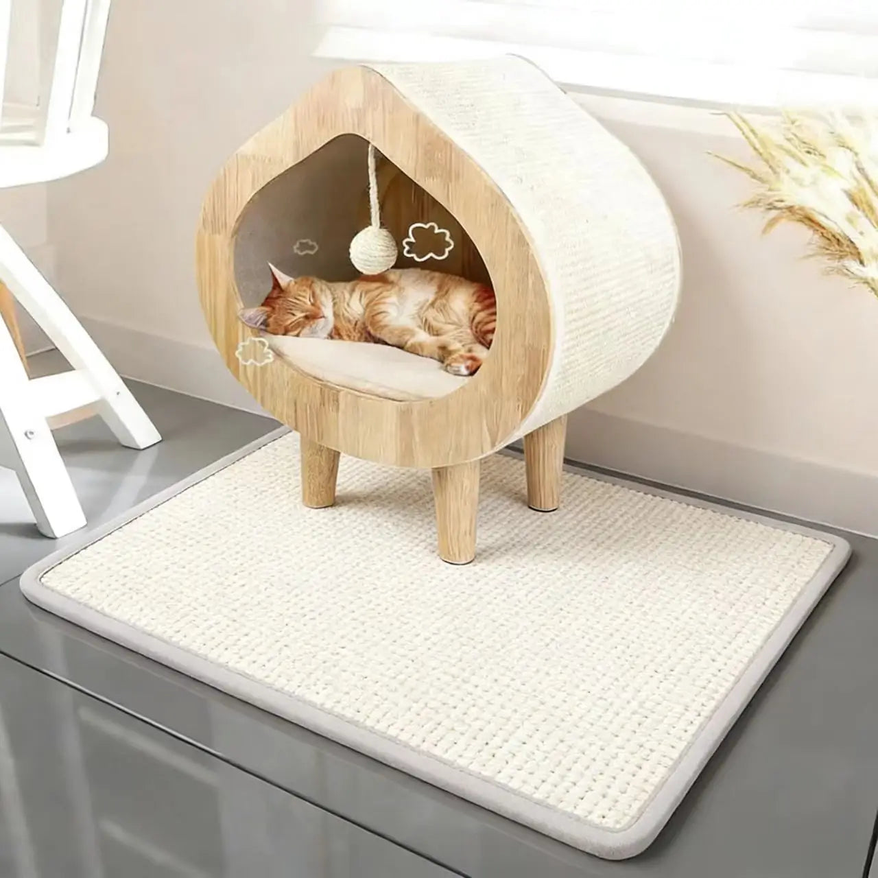 Solid Wood Cat House Mat Anti-Slip Replaceable Easy to Clean