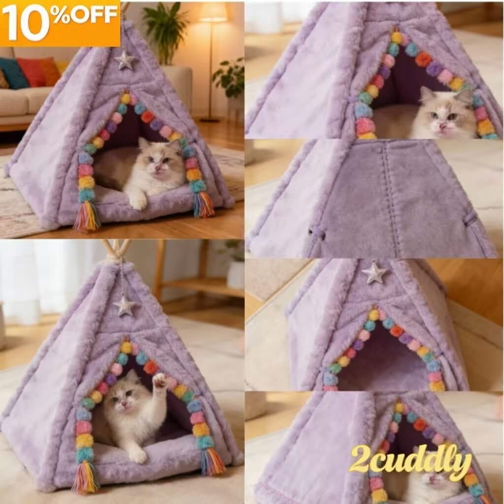Pastel Pet Teepee Bed for Cats - Star Decor, Pom-Pom Trim, Plush, Purple, Cozy Hiding Spot, All-Season