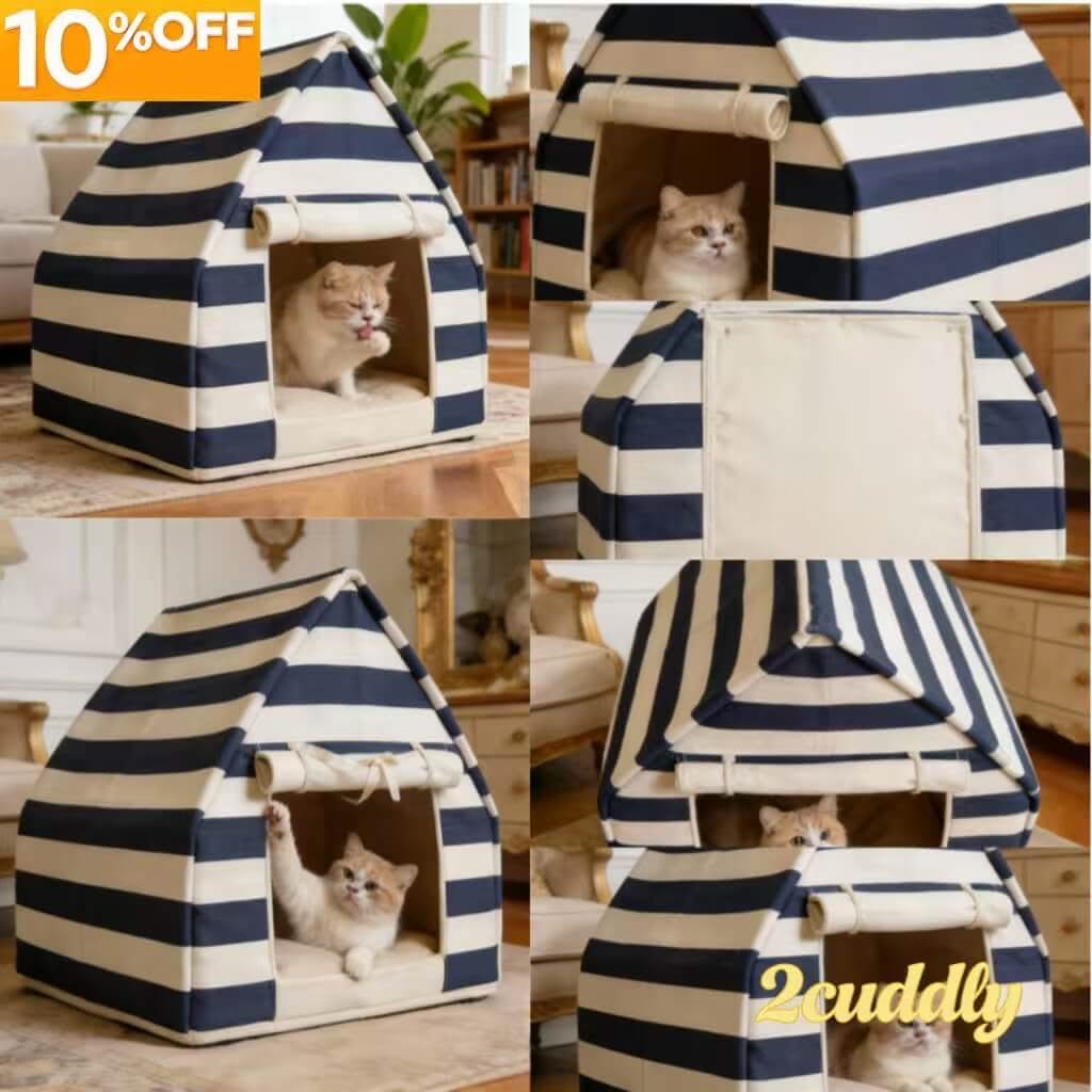 Striped Pet House Bed for Cats - Navy-White, Tent Design, Cozy Hiding Spot, Soft Cushion