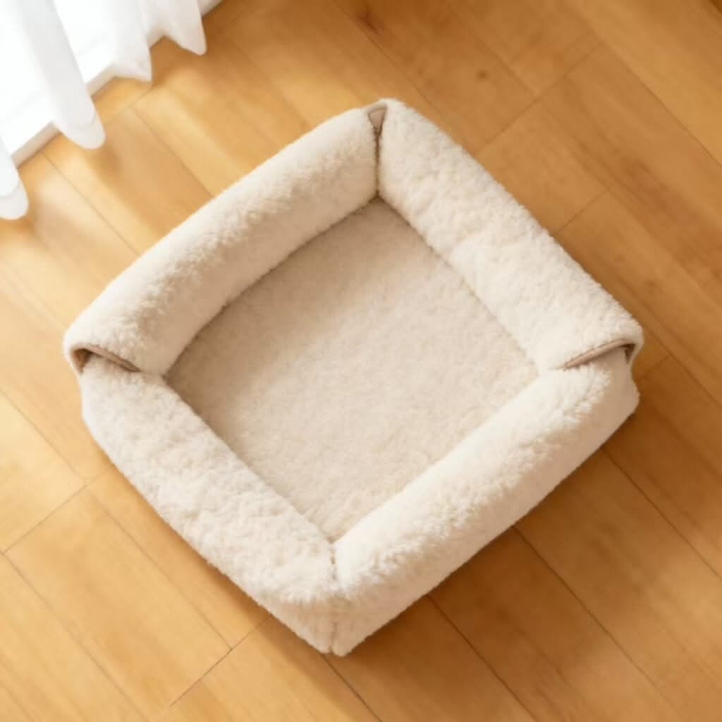 Shearling-Like Pet Bed for Cats - Cream, Square, Soft Plush, Cozy Cushion, All-Season