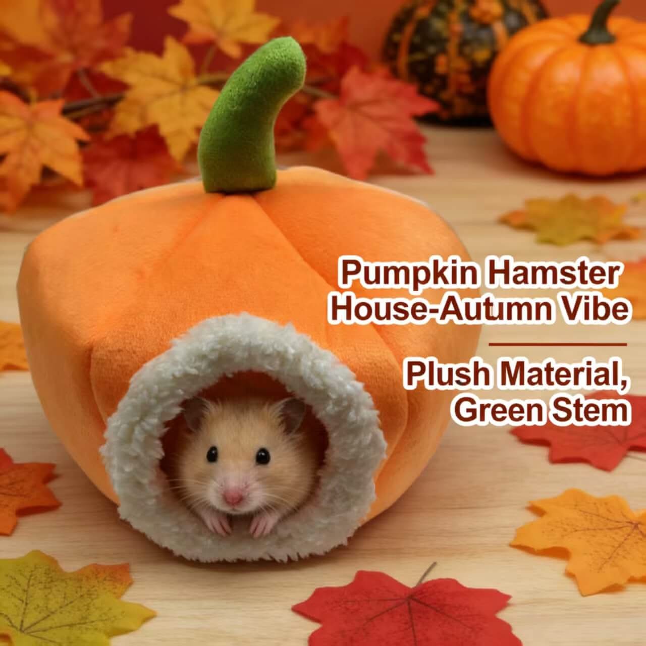Autumn-Vibe Hamster House for Hamsters - Pumpkin Shape, Orange, Plush Material, Green Stem