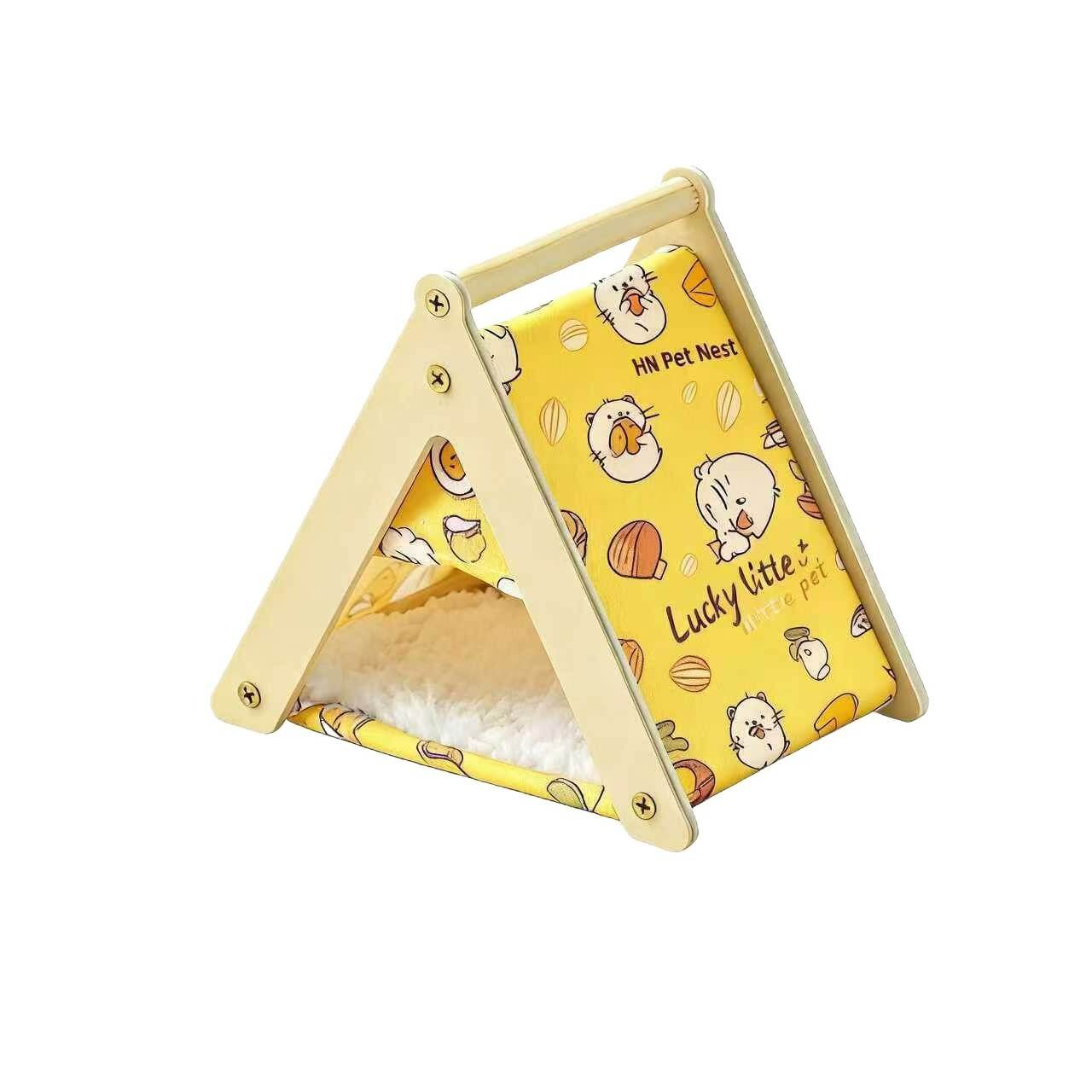 Sturdy-Cozy Chinchilla House for Chinchillas - Wooden Frame, Cartoon Print, Yellow Design