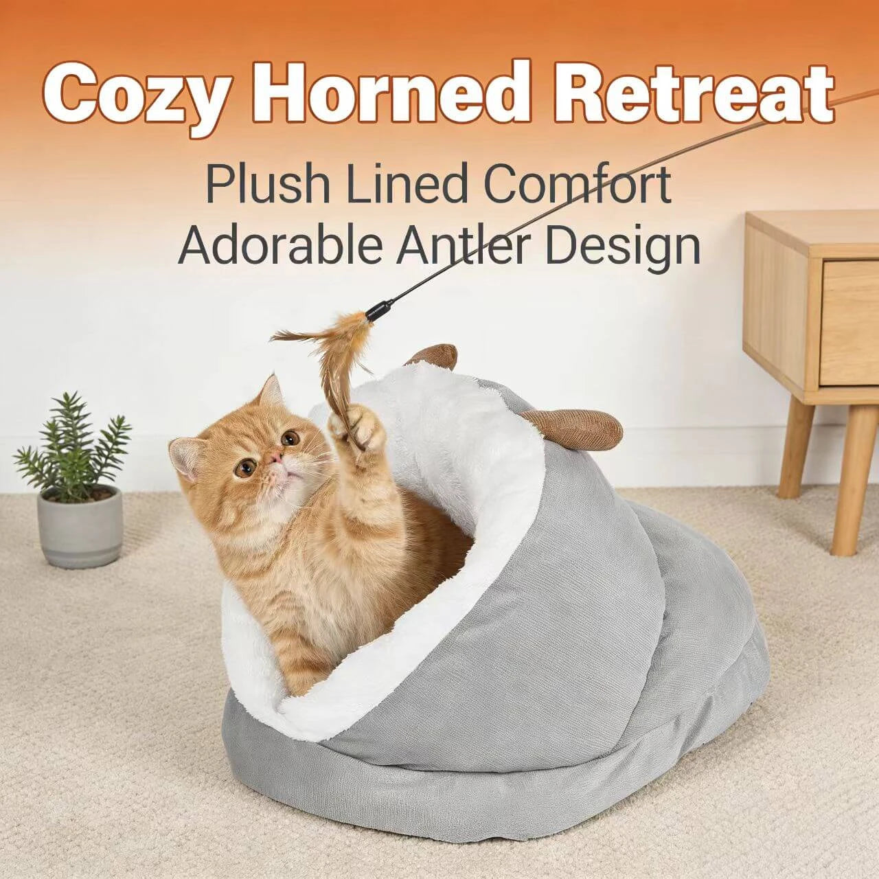 Warm Enclosed Pet Bed for Cats - Deer Antler Shape, Soft Plush, Grey/White Rest Cave