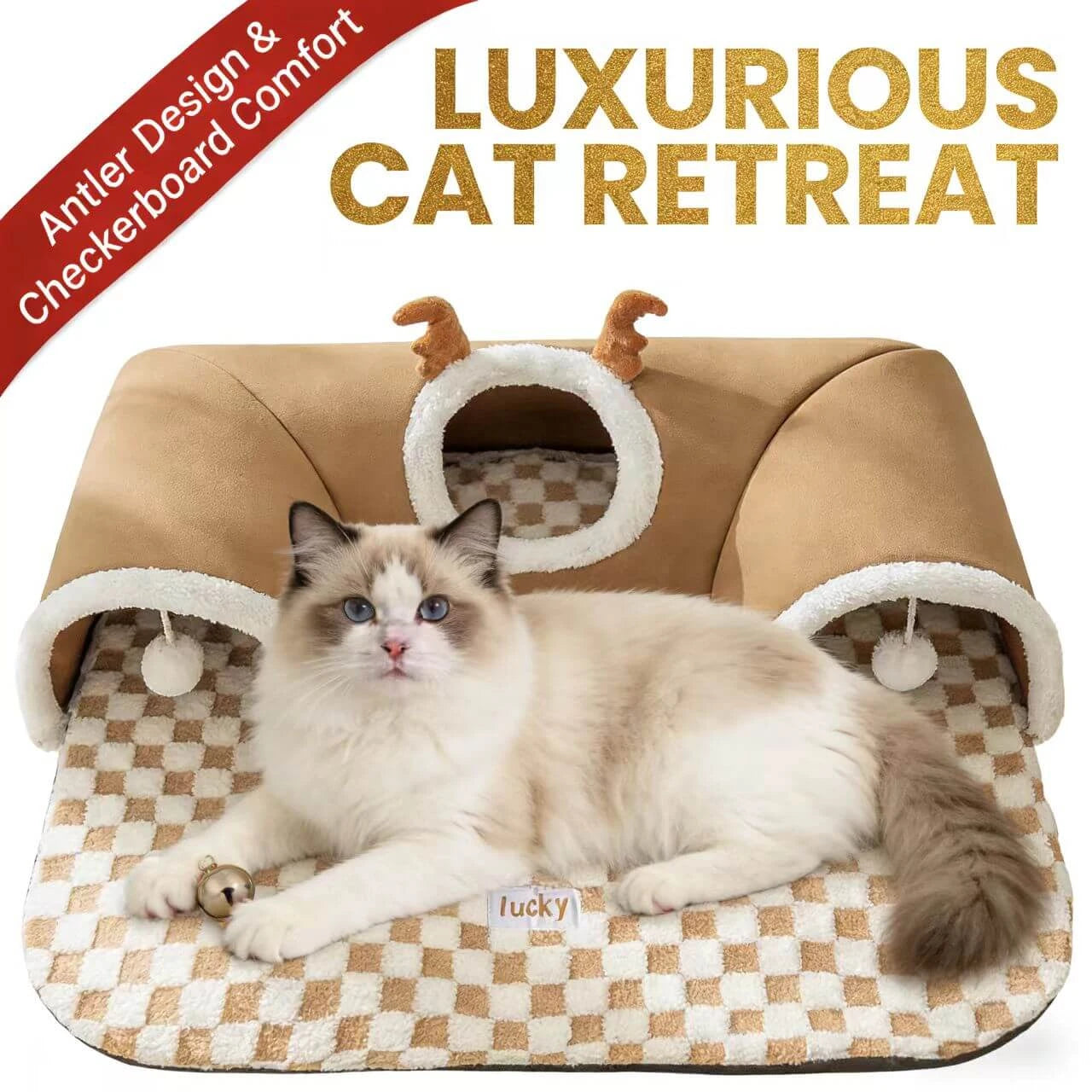 Multi-Functional Cat Play Mat - Plush Checkered, Deer-Shaped Hideout, Hanging Toys for Cats