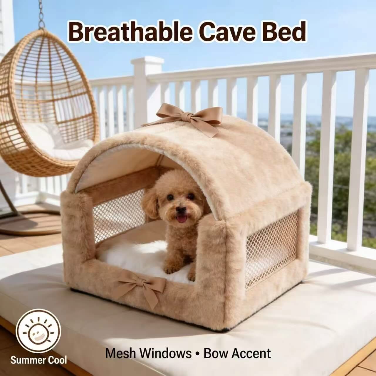 Breathable Pet Cave Bed for Dogs - Mesh Windows, Bow Decor, Beige, Summer-Cool, Cozy Hiding Spot