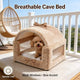 Breathable Pet Cave Bed for Dogs - Mesh Windows, Bow Decor, Beige, Summer-Cool, Cozy Hiding Spot