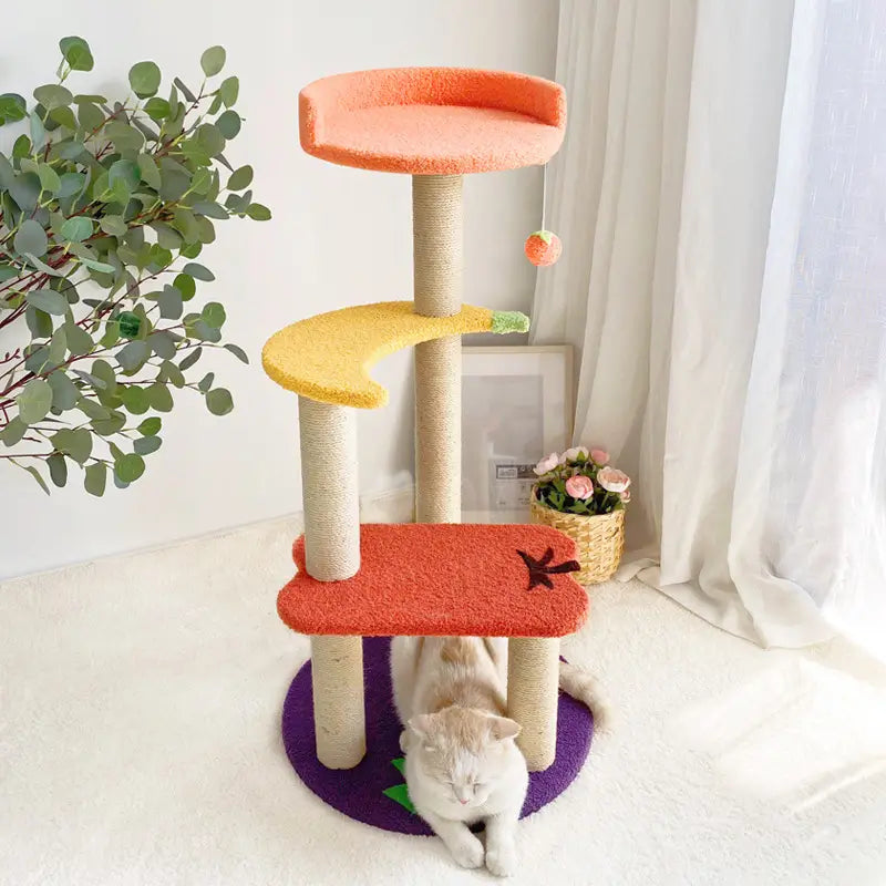 Colorful Cat Scratcher Tree: Multi-Level, Interactive Toy, Sisal Posts (Orange-Red)