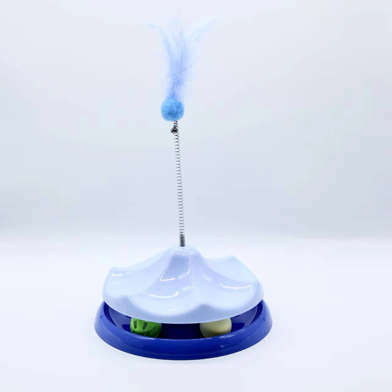 2-in-1 Cat Teaser Toy - Spring Wand with Feather, Rolling Ball Track, Green Base