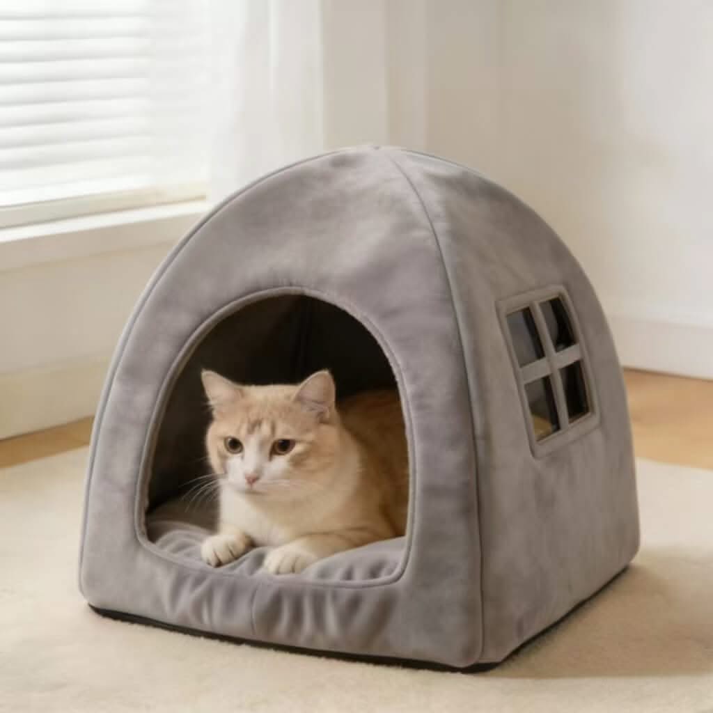 Cozy Pet Cave Bed for Cats - Gray, Tent Design, Window Decor, Soft Plush