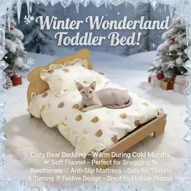 Bear-Print Cat Bed: Cozy Rest, Ruffled Design, Wooden Frame (Beige-White)