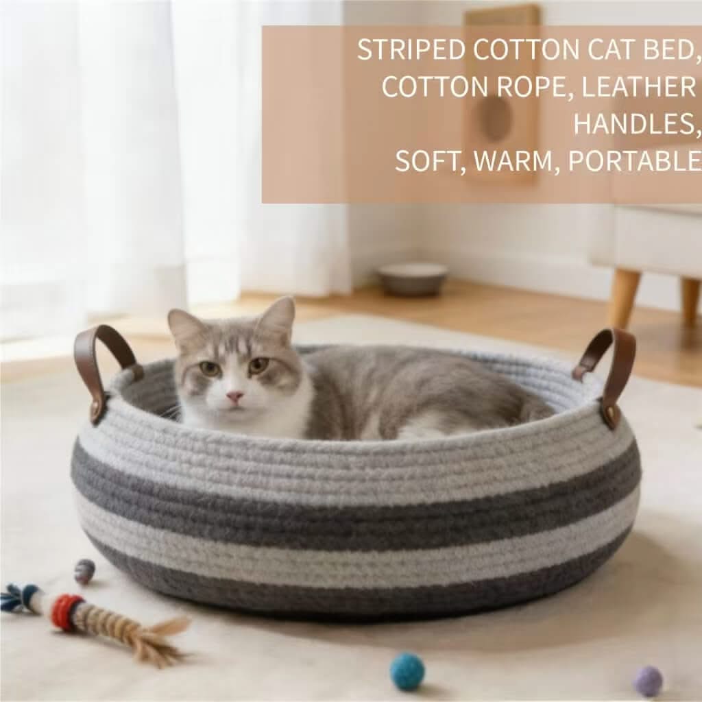 Striped Knit Pet Bed for Cats - Gray, Round, Leather Handle, Durable Fabric