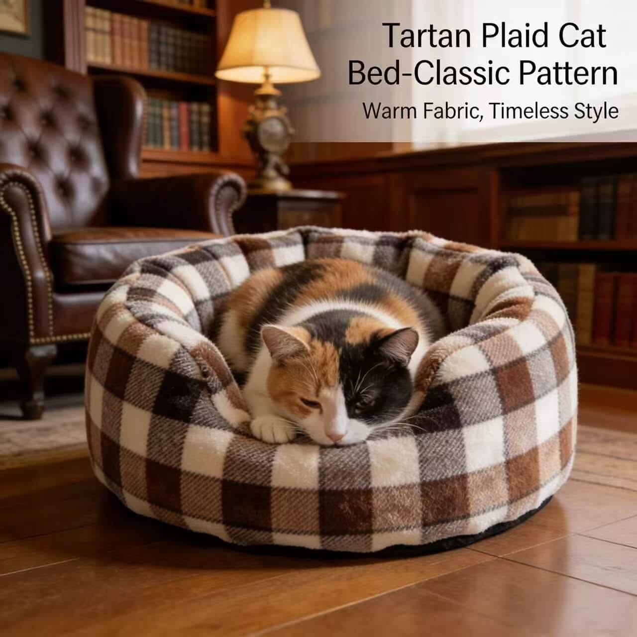 Plaid Faux Fur Pet Bed for Cats - Brown-White-Gray, Round, Soft Cushion, Cozy All-Season