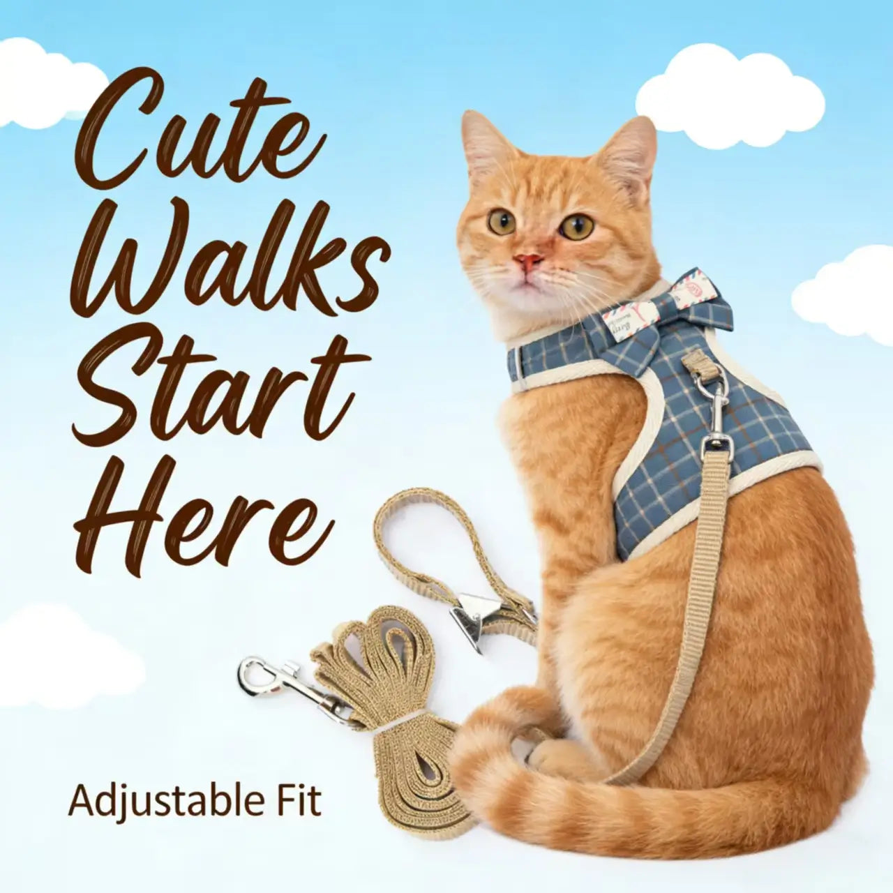 Escape-Proof Cat Harness & Leash: Plaid Print & Bow Accent