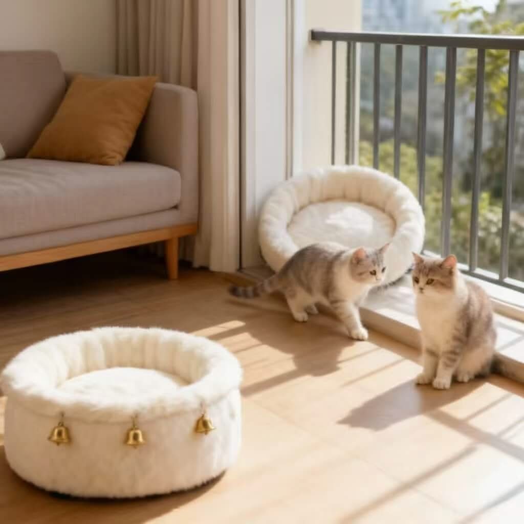 Furry Pet Bed for Cats - White, Round, Gold Bell Decor, Soft Plush