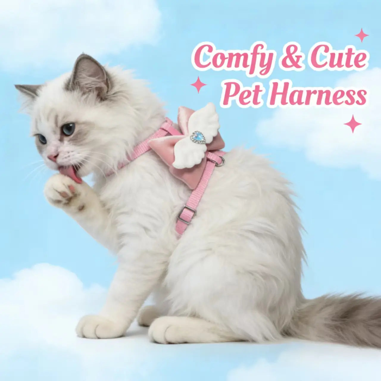 Escape-Proof Cat Harness: Angel Wing & Rhinestone Accent, Princess Style
