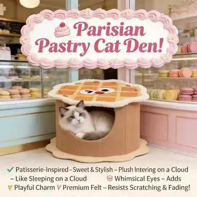 Waffle-Shaped Cat Bed: Cozy Hideaway, Cartoon Design, Cardboard Surface (Orange-Beige)