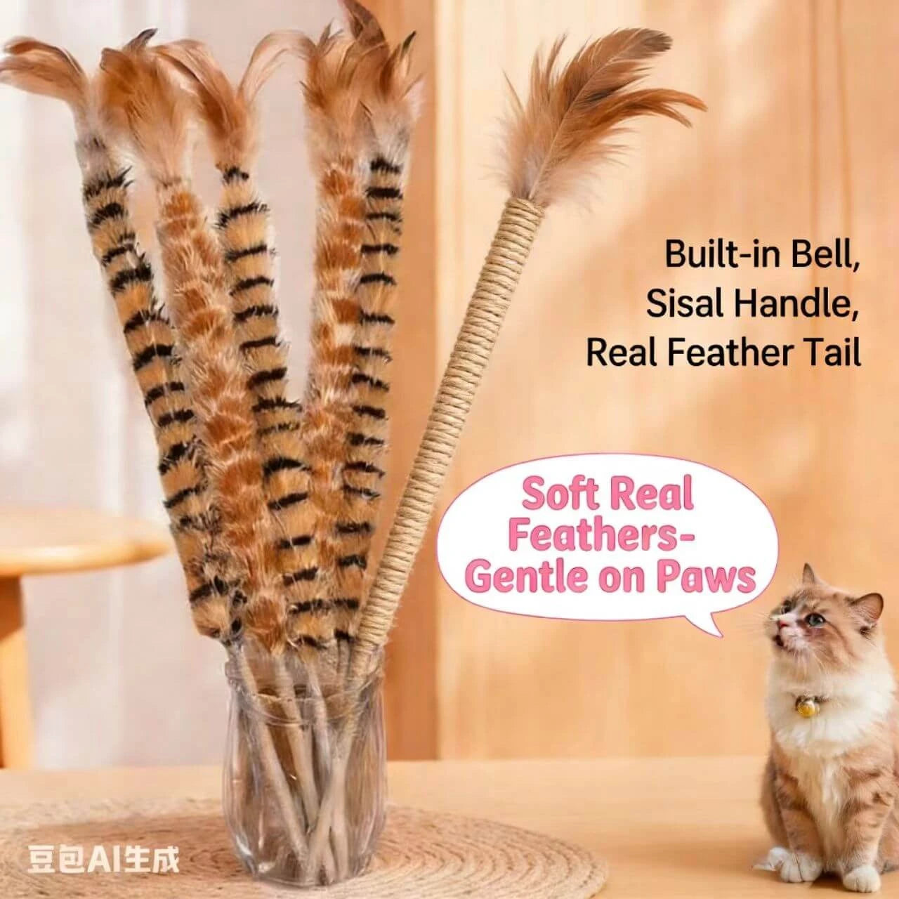Interactive Cat Teaser Wand - Real Feather, Built-in Bell, Sisal Handle, Brown
