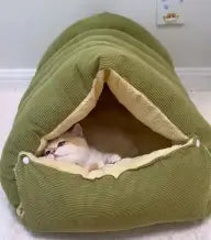 Corduroy Cave Cat Bed: Cozy Hideaway, Plush Lining (Green)