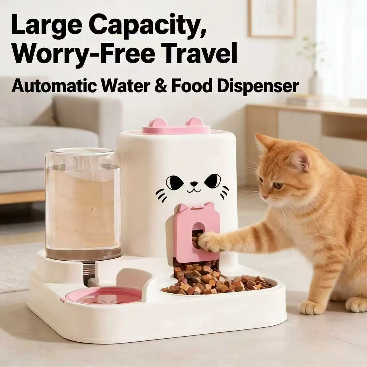 2-in-1 Cat Feeder & Waterer: Travel-Friendly, Cartoon Design (Pink-White)
