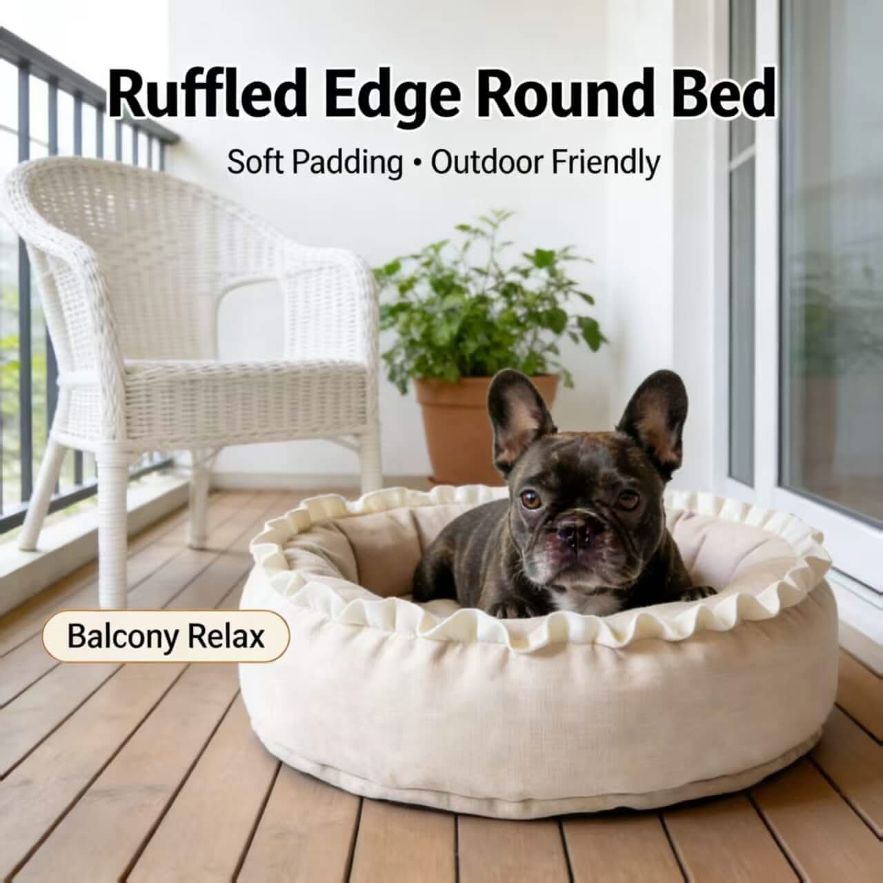 Balcony-Ready Pet Bed for Dogs - Round, Beige, Ruffled Edge, Soft Padding, Outdoor-Friendly