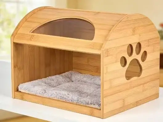 Bamboo Cat House - Paw Print Cutout, Plush Cushion, Natural Bamboo