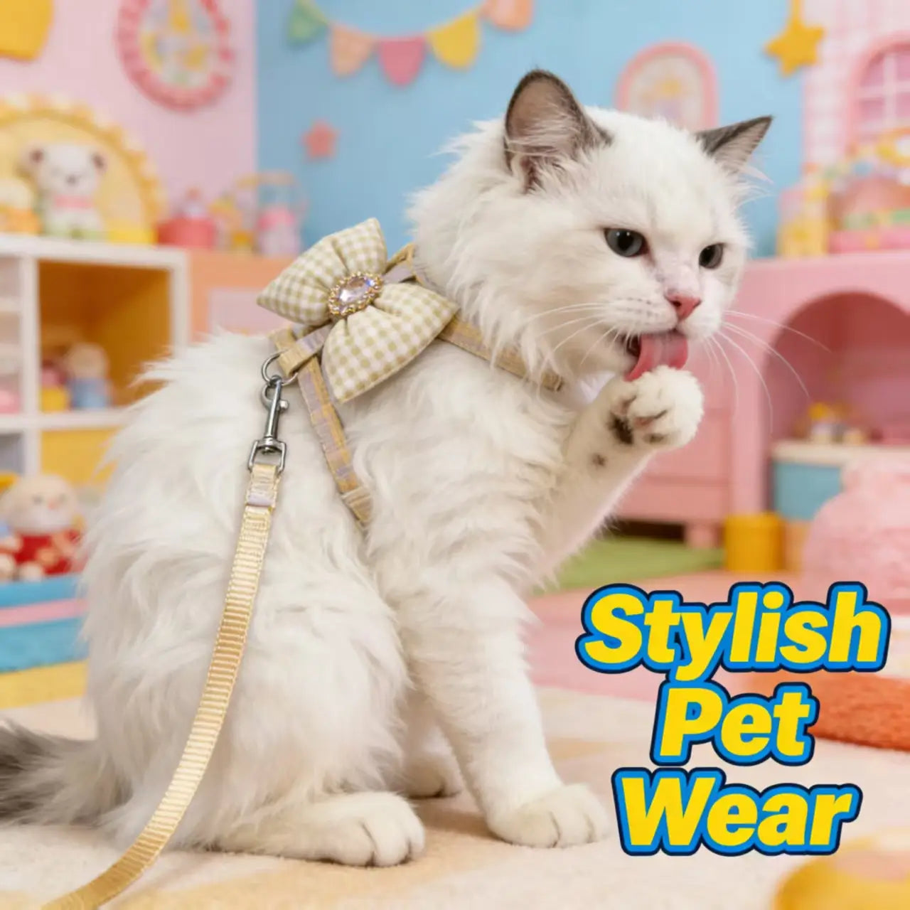 Escape-Proof Cat Harness & Leash: Gingham Bow & Rhinestone Accent