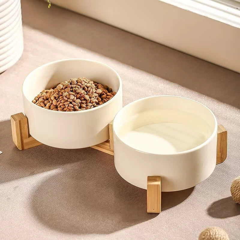 Raised Pet Feeding Bowls - Dual Ceramic Bowls, Bamboo Base, White