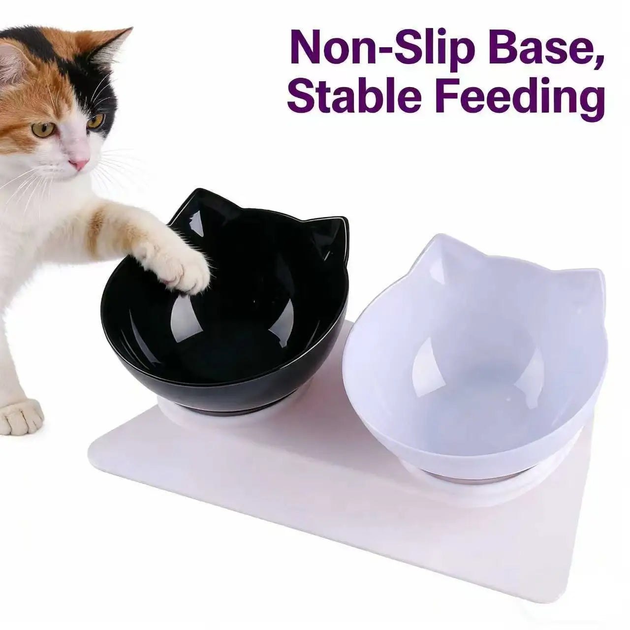 Non-Slip Cat Feeding Bowls: Elevated Design, Cat Ear Shape (Black-White)