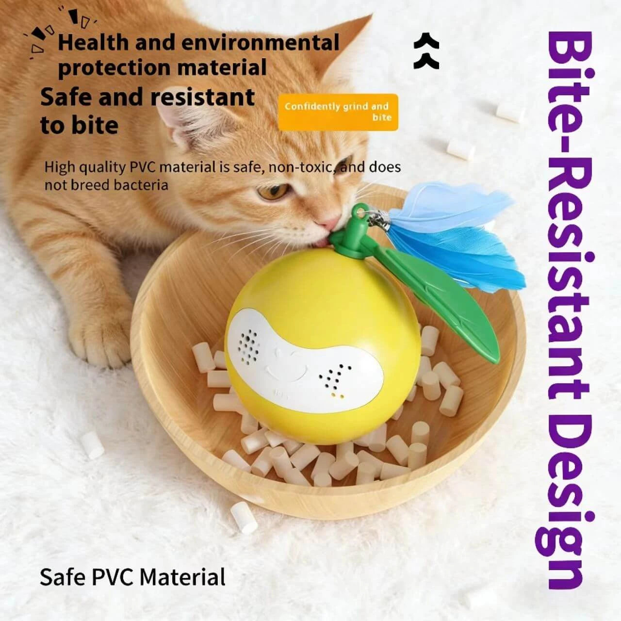 Durable Cat Chew Toy - Lemon Design, Feather Teaser, Non-Toxic PVC, Yellow